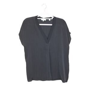 Vince. Black 100% Silk Semi Sheer Short Sleeve V-neck Flowy Blouse Top Size L